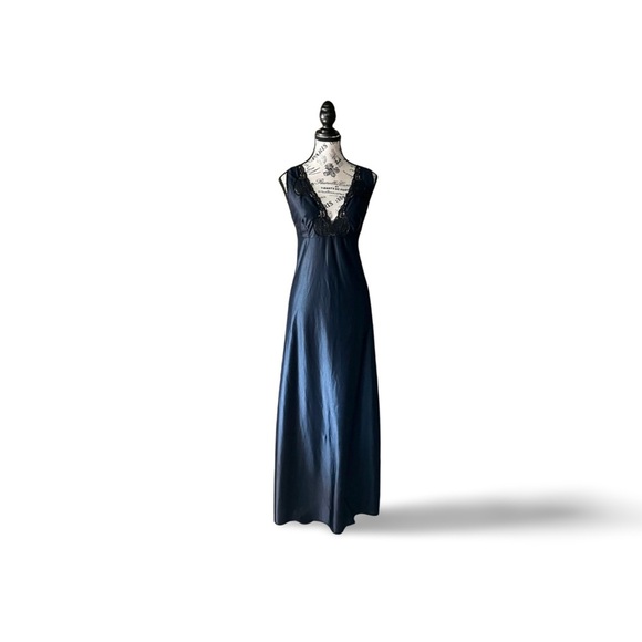 Vintage 80s West Germany Black Maxi Slip Dress – Lace Detail L - Picture 1 of 7